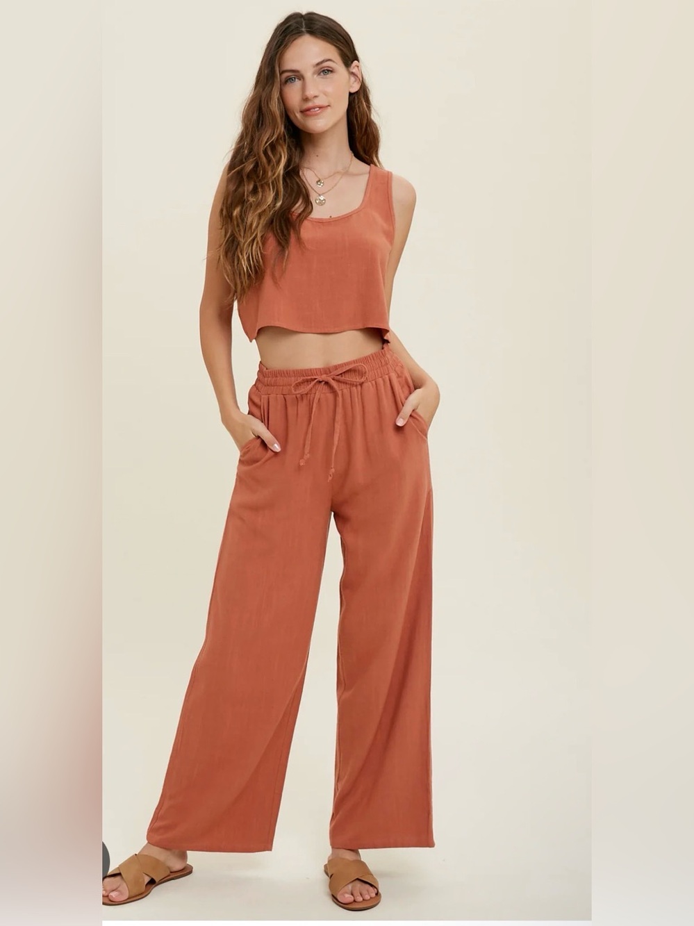 Fancyinn Rust Wide Leg Drawstring Pants set